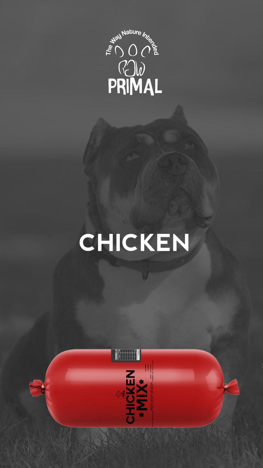 Healthy food for your cat & dog. Picture has dog in the background and the chicken roll mix in the front